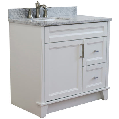 37" Single sink vanity in White finish with White Carrara marble and Left door/Left sink