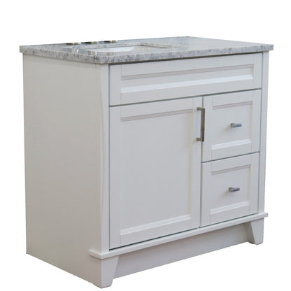 37" Single sink vanity in White finish with White Carrara marble and Left door/Left sink