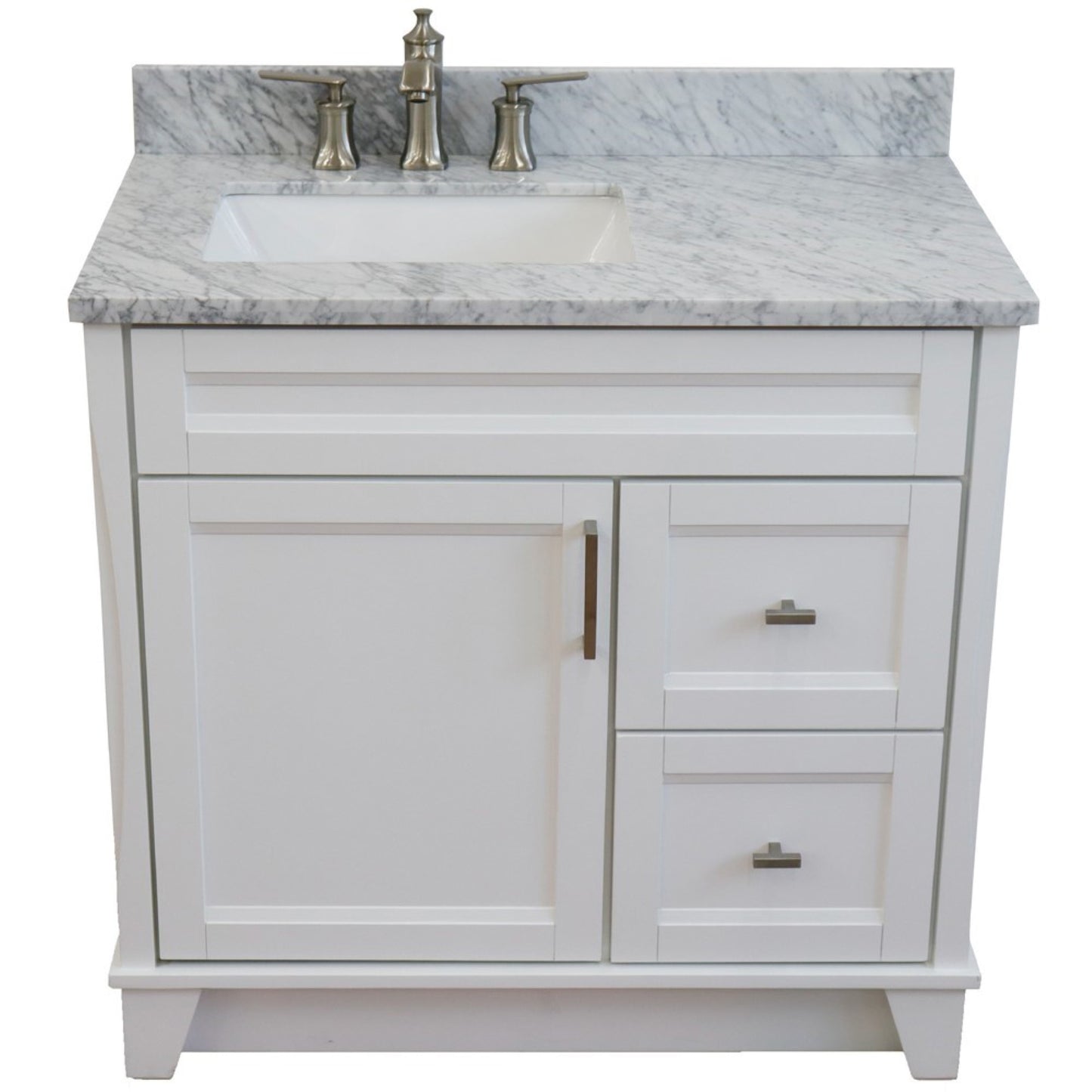 37" Single sink vanity in White finish with White Carrara marble and Left door/Left sink