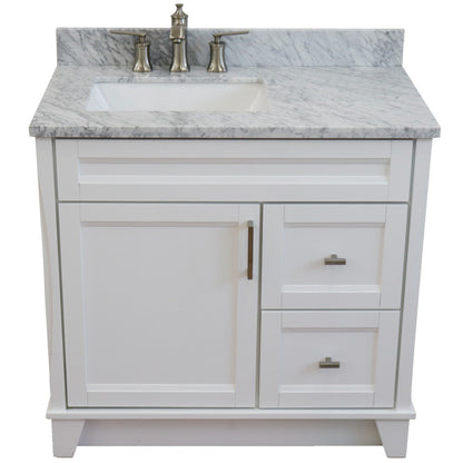 37" Single sink vanity in White finish with White Carrara marble and Left door/Left sink