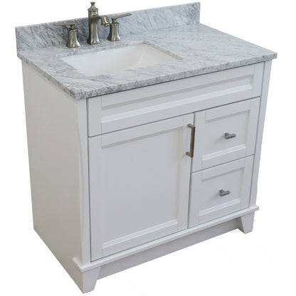 37" Single sink vanity in White finish with White Carrara marble and Left door/Left sink