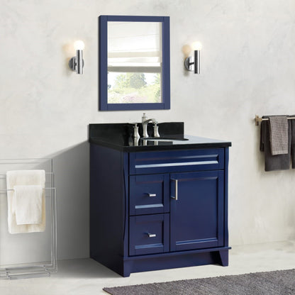 37" Single sink vanity in Blue finish with Black galaxy granite and CENTER oval sink RIGHT drawers