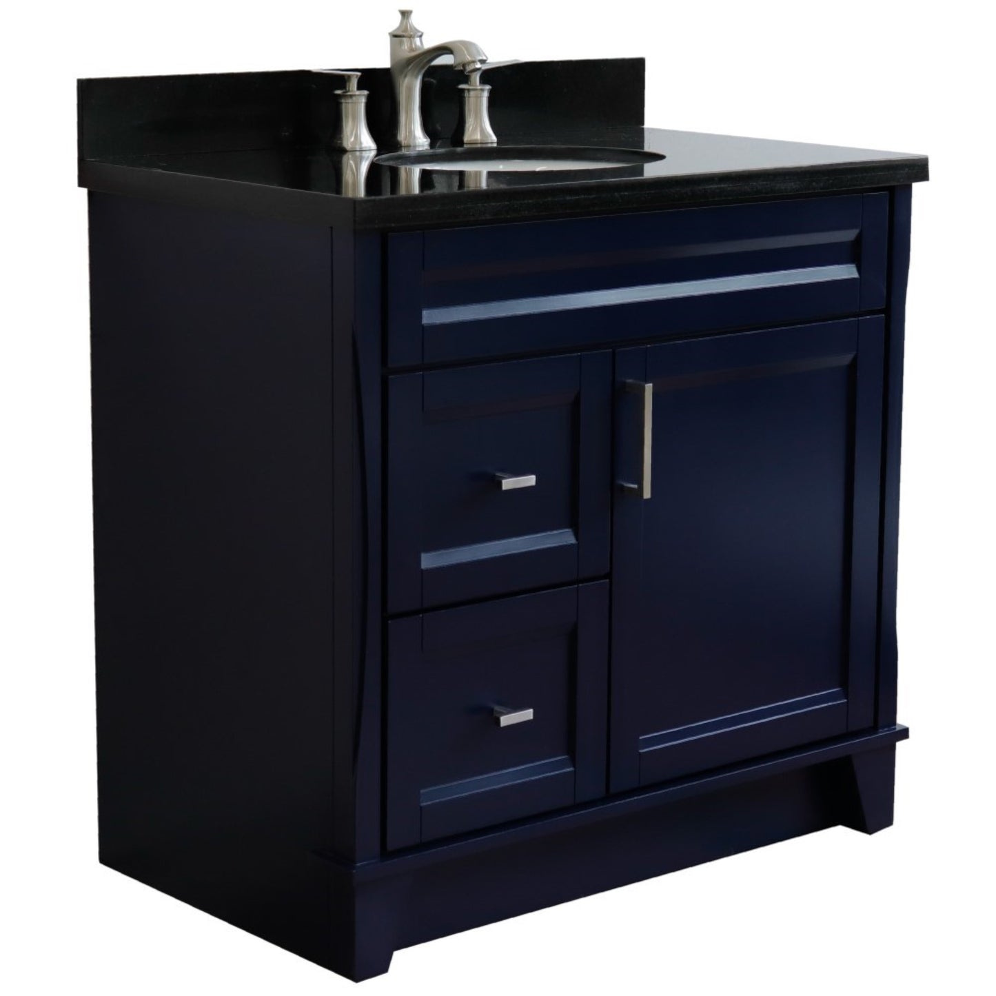 37" Single sink vanity in Blue finish with Black galaxy granite and CENTER oval sink RIGHT drawers