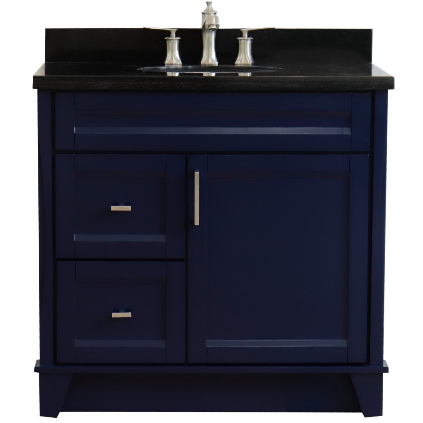 37" Single sink vanity in Blue finish with Black galaxy granite and CENTER oval sink RIGHT drawers