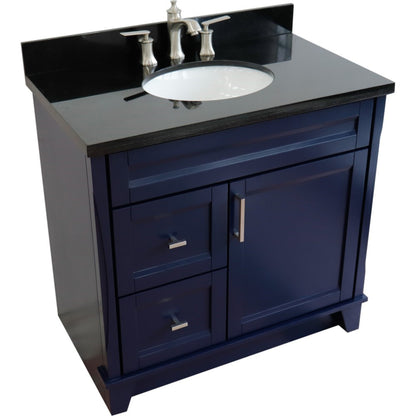 37" Single sink vanity in Blue finish with Black galaxy granite and CENTER oval sink RIGHT drawers