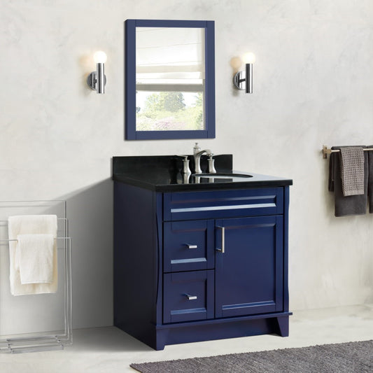 37" Single sink vanity in Blue finish with Black galaxy granite and LEFT oval sink RIGHT drawers