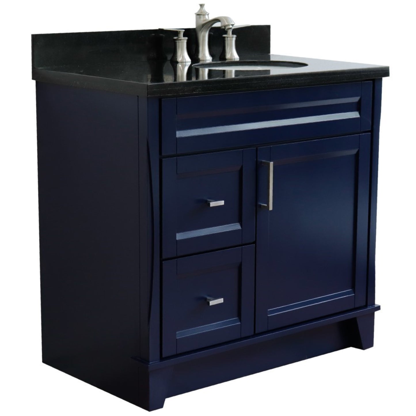 37" Single sink vanity in Blue finish with Black galaxy granite and LEFT oval sink RIGHT drawers