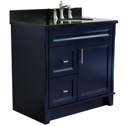 37" Single sink vanity in Blue finish with Black galaxy granite and LEFT oval sink RIGHT drawers