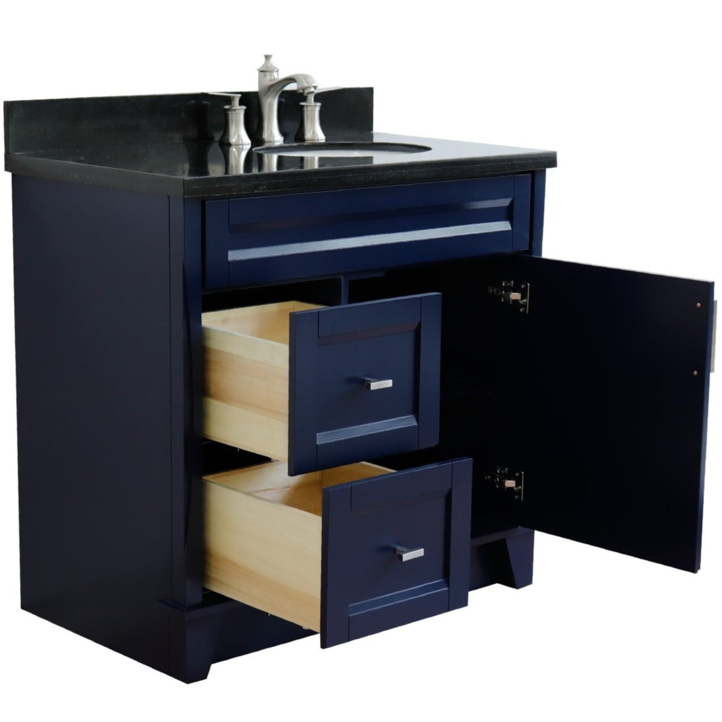 37" Single sink vanity in Blue finish with Black galaxy granite and LEFT oval sink RIGHT drawers