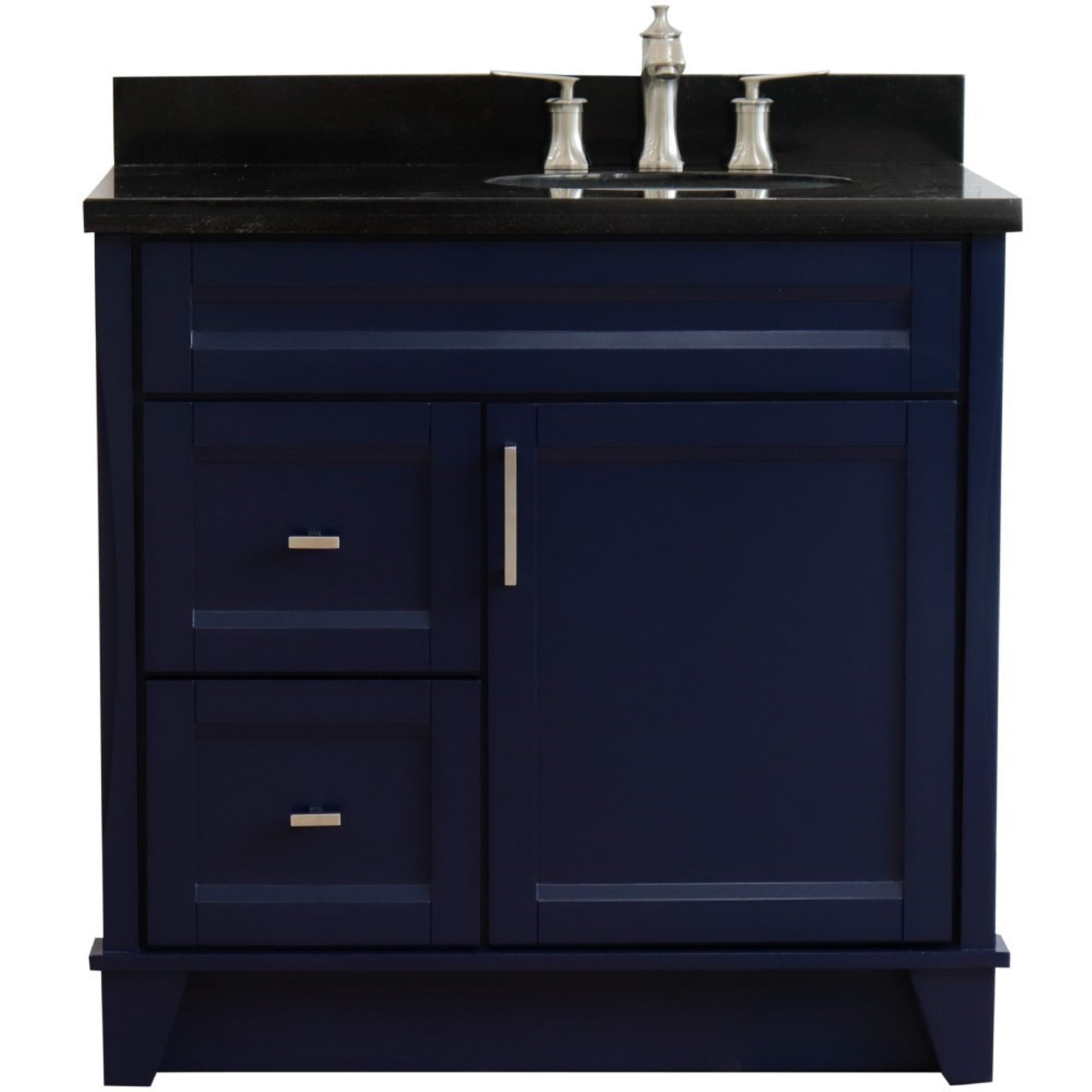 37" Single sink vanity in Blue finish with Black galaxy granite and LEFT oval sink RIGHT drawers