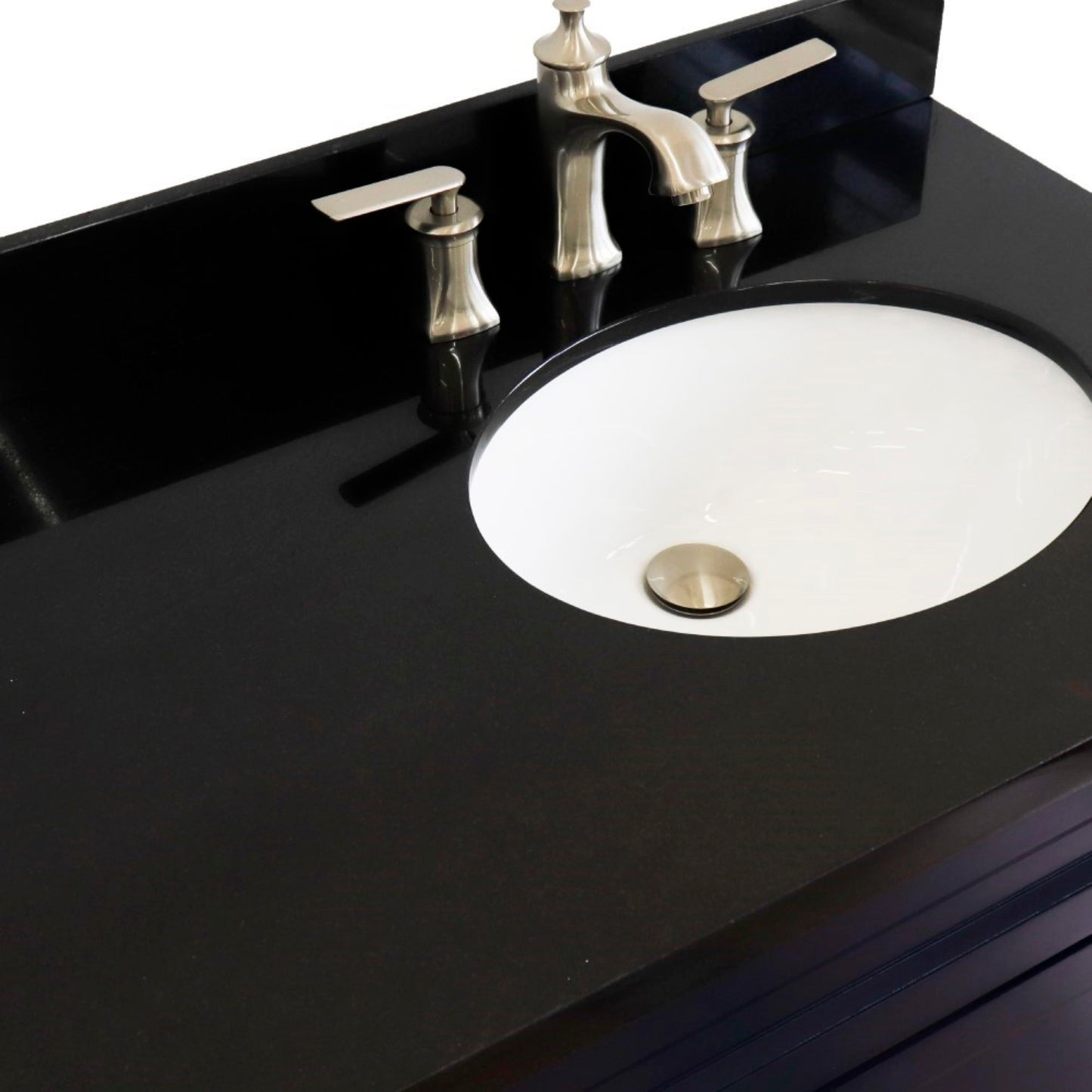 37" Single sink vanity in Blue finish with Black galaxy granite and LEFT oval sink RIGHT drawers