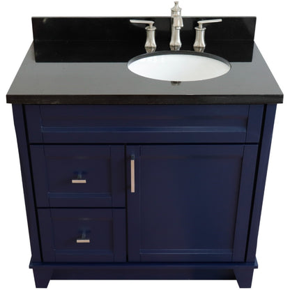 37" Single sink vanity in Blue finish with Black galaxy granite and LEFT oval sink RIGHT drawers