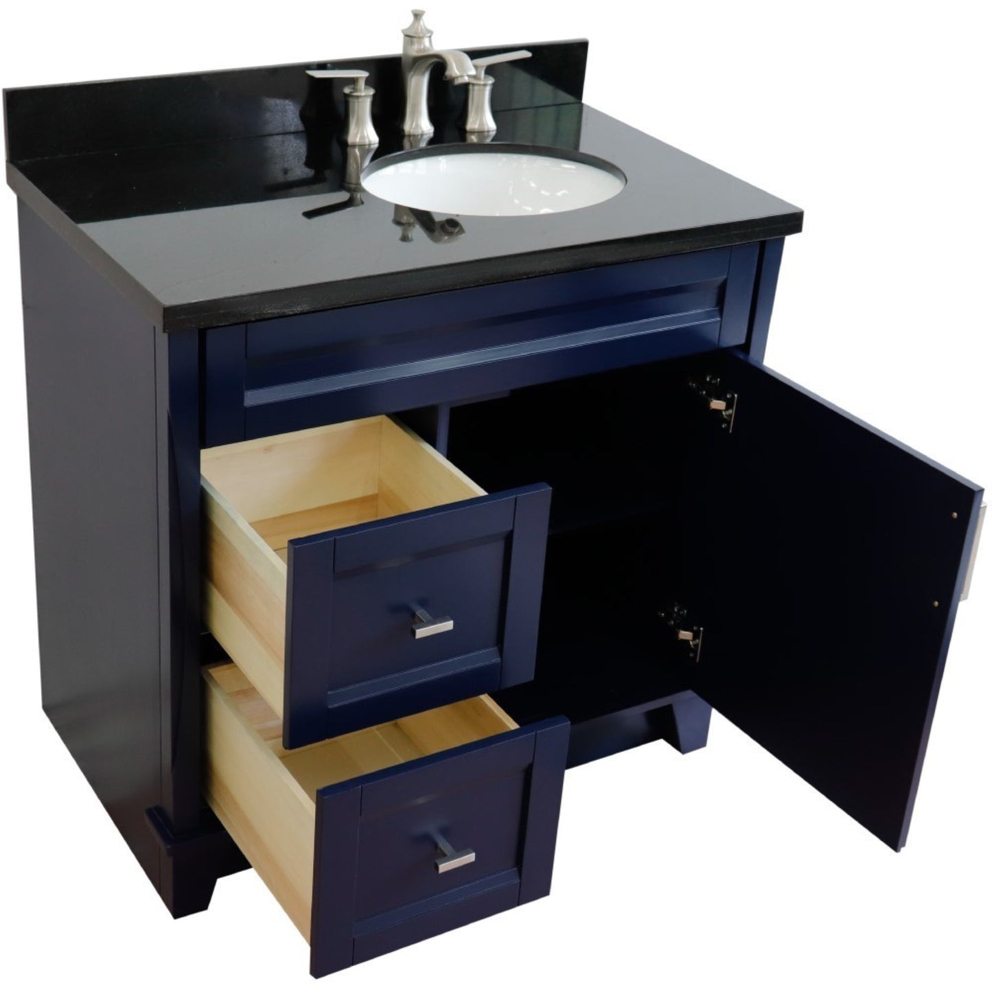 37" Single sink vanity in Blue finish with Black galaxy granite and LEFT oval sink RIGHT drawers