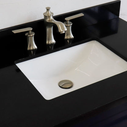 37" Single sink vanity in Blue finish with Black galaxy granite and CENTER rectangle sink RIGHT drawers