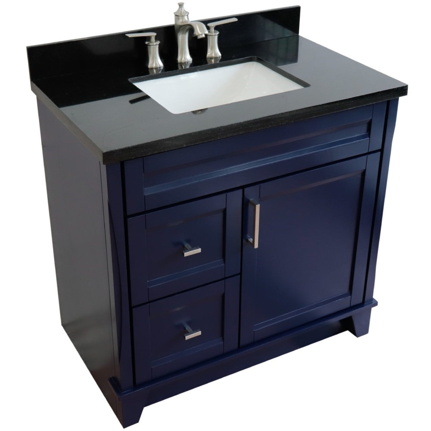 37" Single sink vanity in Blue finish with Black galaxy granite and CENTER rectangle sink RIGHT drawers