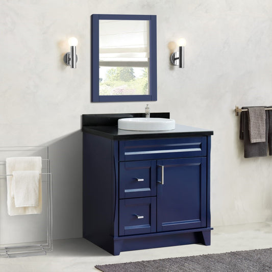 37" Single sink vanity in Blue finish with Black galaxy granite and CENTER round sink RIGHT drawers