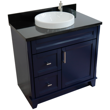 37" Single sink vanity in Blue finish with Black galaxy granite and CENTER round sink RIGHT drawers