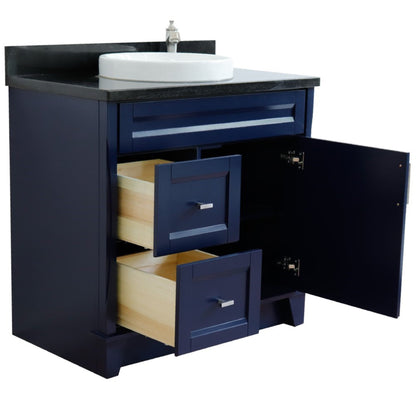 37" Single sink vanity in Blue finish with Black galaxy granite and CENTER round sink RIGHT drawers