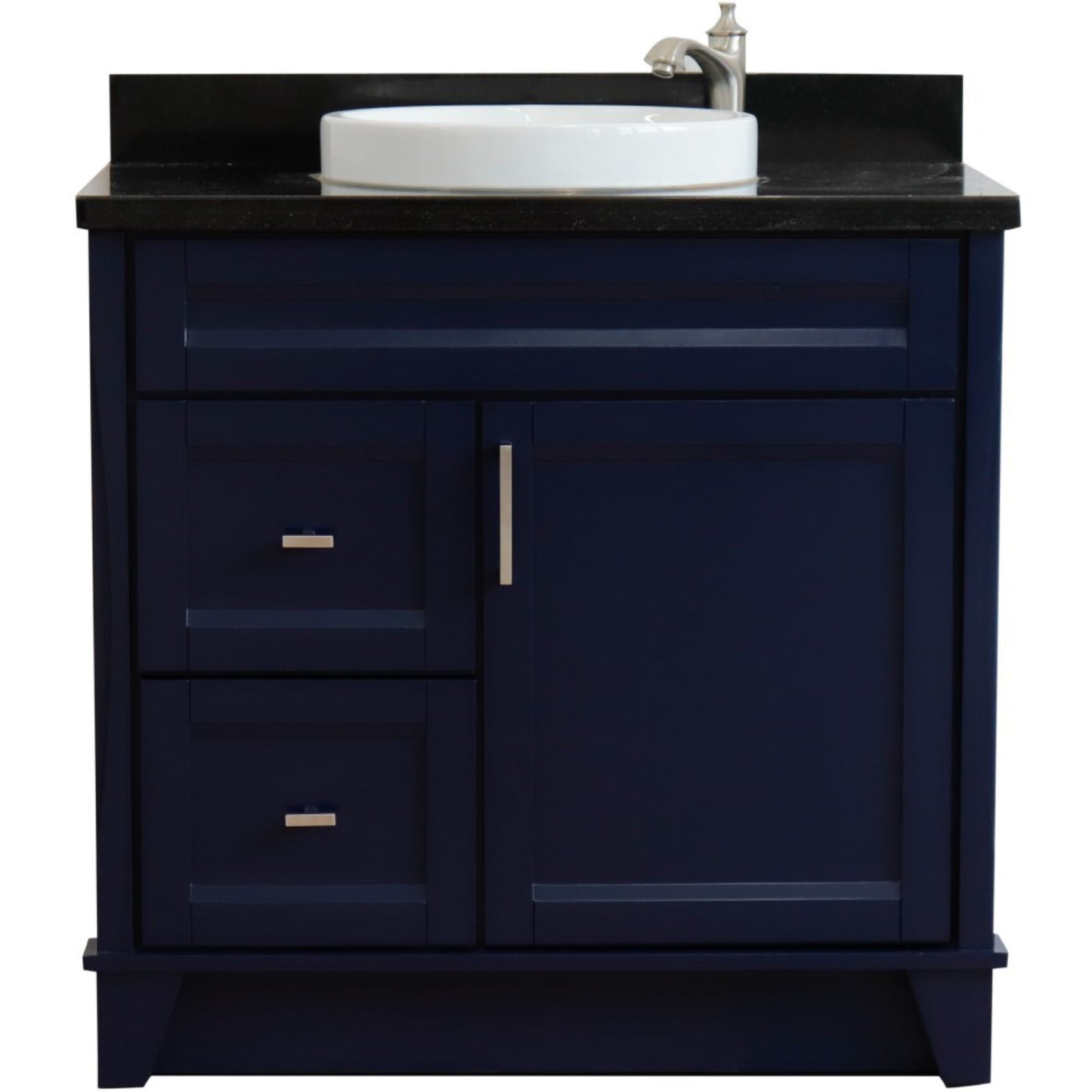37" Single sink vanity in Blue finish with Black galaxy granite and CENTER round sink RIGHT drawers