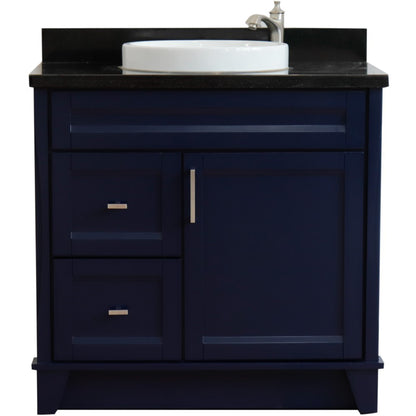 37" Single sink vanity in Blue finish with Black galaxy granite and CENTER round sink RIGHT drawers