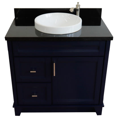 37" Single sink vanity in Blue finish with Black galaxy granite and CENTER round sink RIGHT drawers