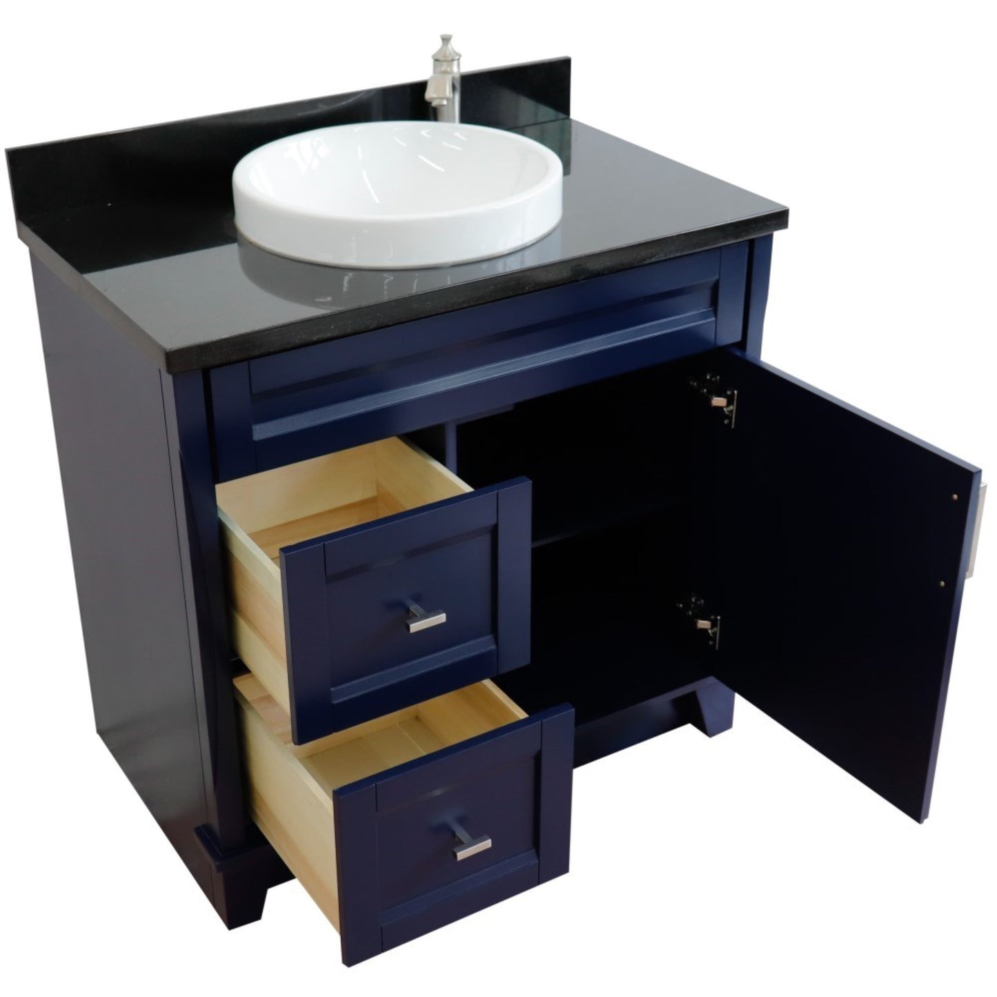 37" Single sink vanity in Blue finish with Black galaxy granite and CENTER round sink RIGHT drawers
