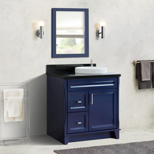 37" Single sink vanity in Blue finish with Black galaxy granite and LEFT round sink RIGHT drawers