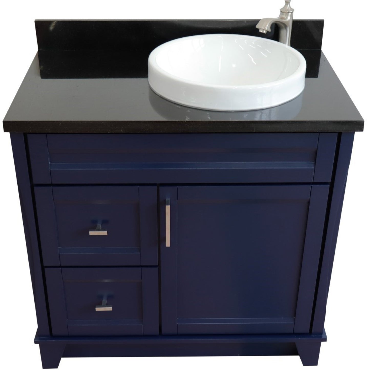 37" Single sink vanity in Blue finish with Black galaxy granite and LEFT round sink RIGHT drawers