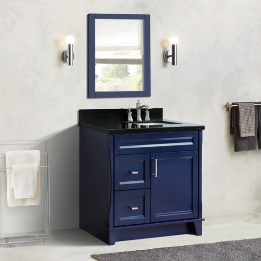 37" Single sink vanity in Blue finish with Black galaxy granite and LEFT rectangle sink RIGHT drawers
