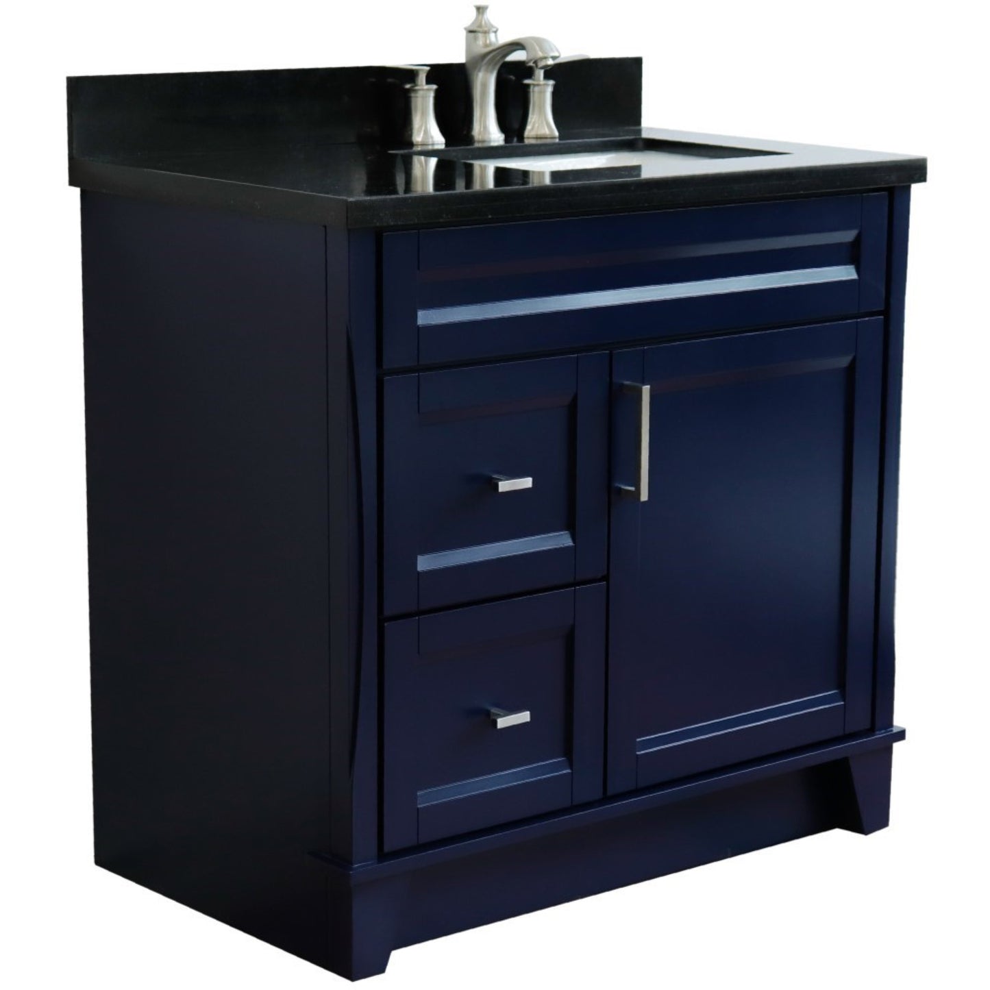 37" Single sink vanity in Blue finish with Black galaxy granite and LEFT rectangle sink RIGHT drawers