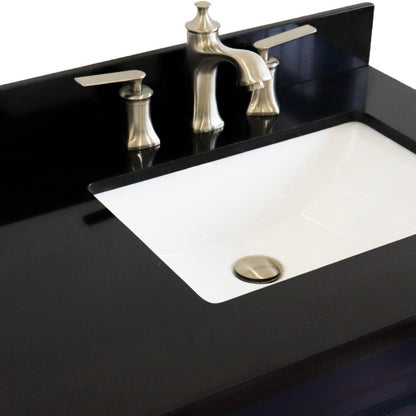 37" Single sink vanity in Blue finish with Black galaxy granite and LEFT rectangle sink RIGHT drawers
