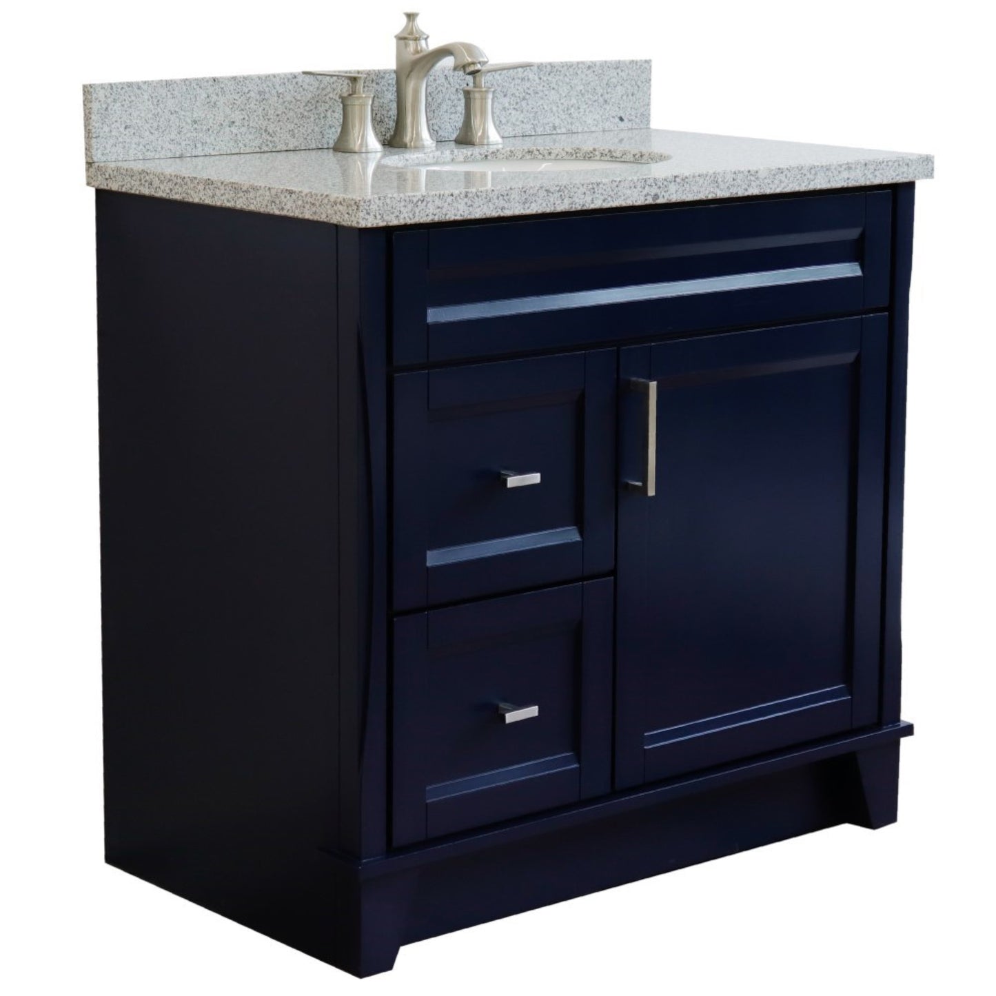 37" Single sink vanity in Blue finish with Gray granite and CENTER oval sink RIGHT drawers