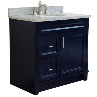 37" Single sink vanity in Blue finish with Gray granite and CENTER oval sink RIGHT drawers