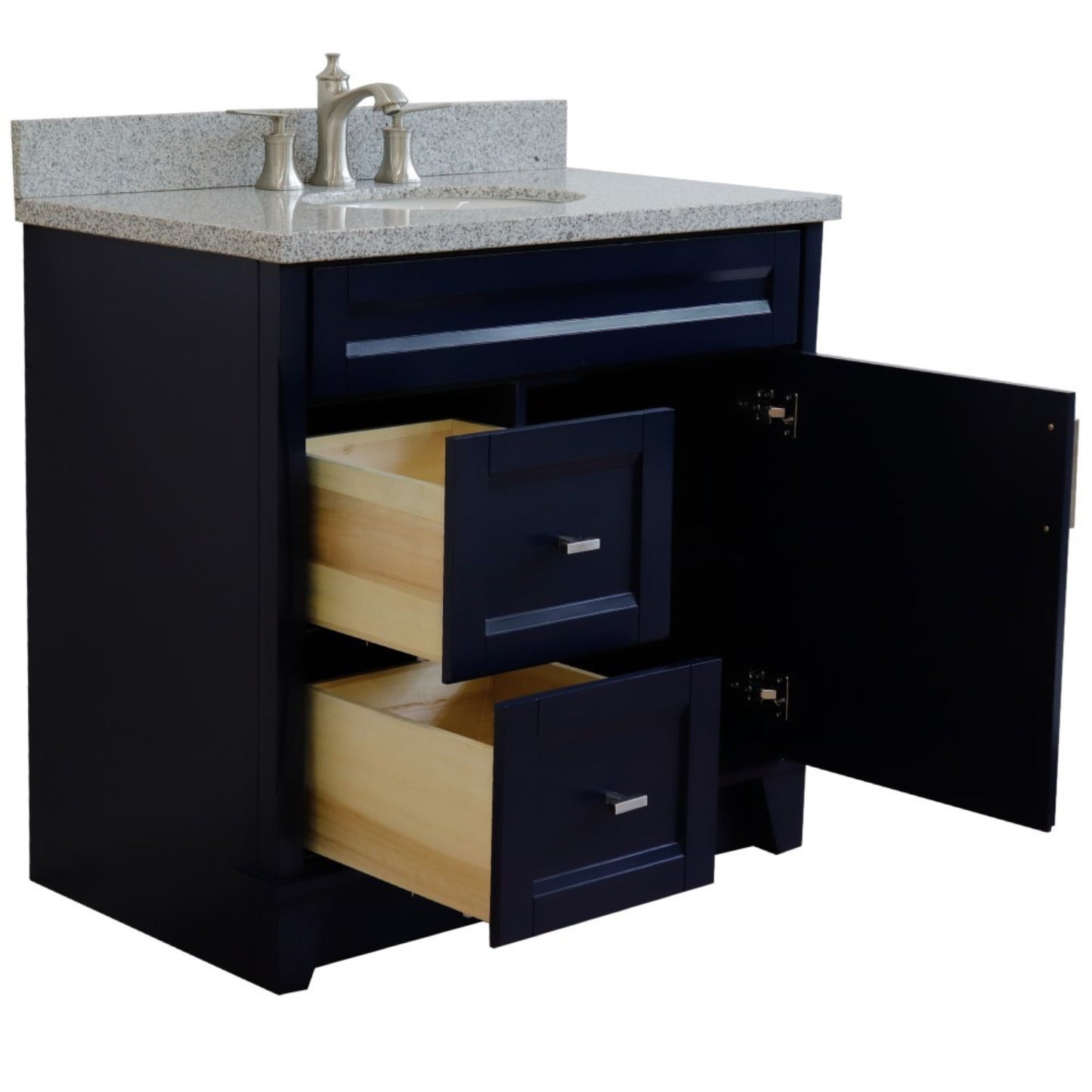37" Single sink vanity in Blue finish with Gray granite and CENTER oval sink RIGHT drawers