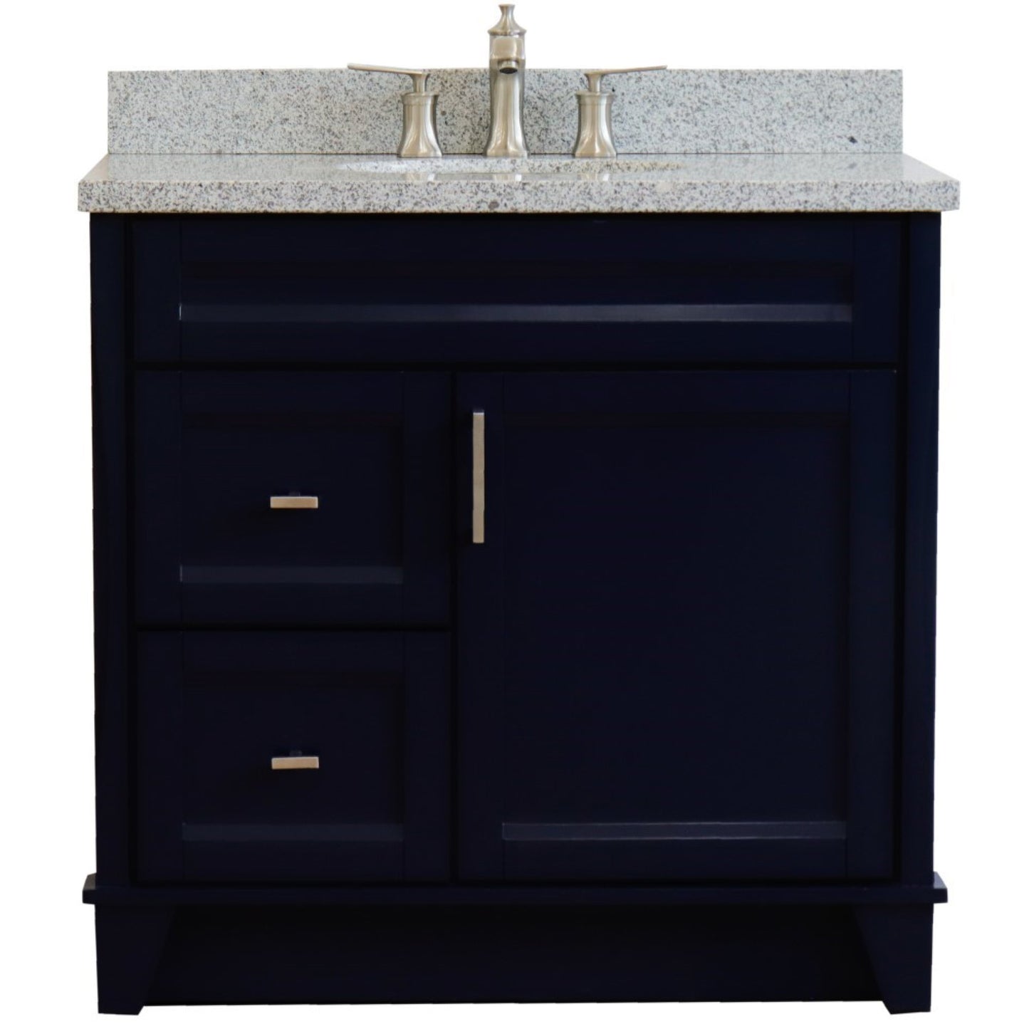 37" Single sink vanity in Blue finish with Gray granite and CENTER oval sink RIGHT drawers