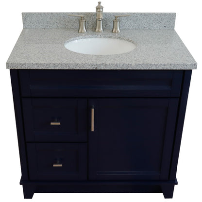 37" Single sink vanity in Blue finish with Gray granite and CENTER oval sink RIGHT drawers