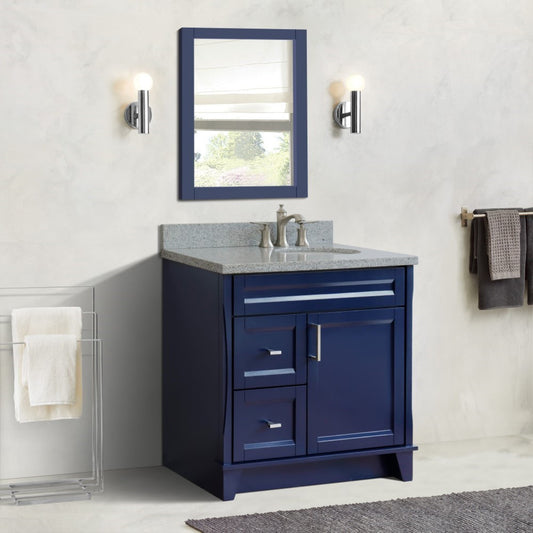 37" Single sink vanity in Blue finish with Gray granite and LEFT oval sink RIGHT drawers