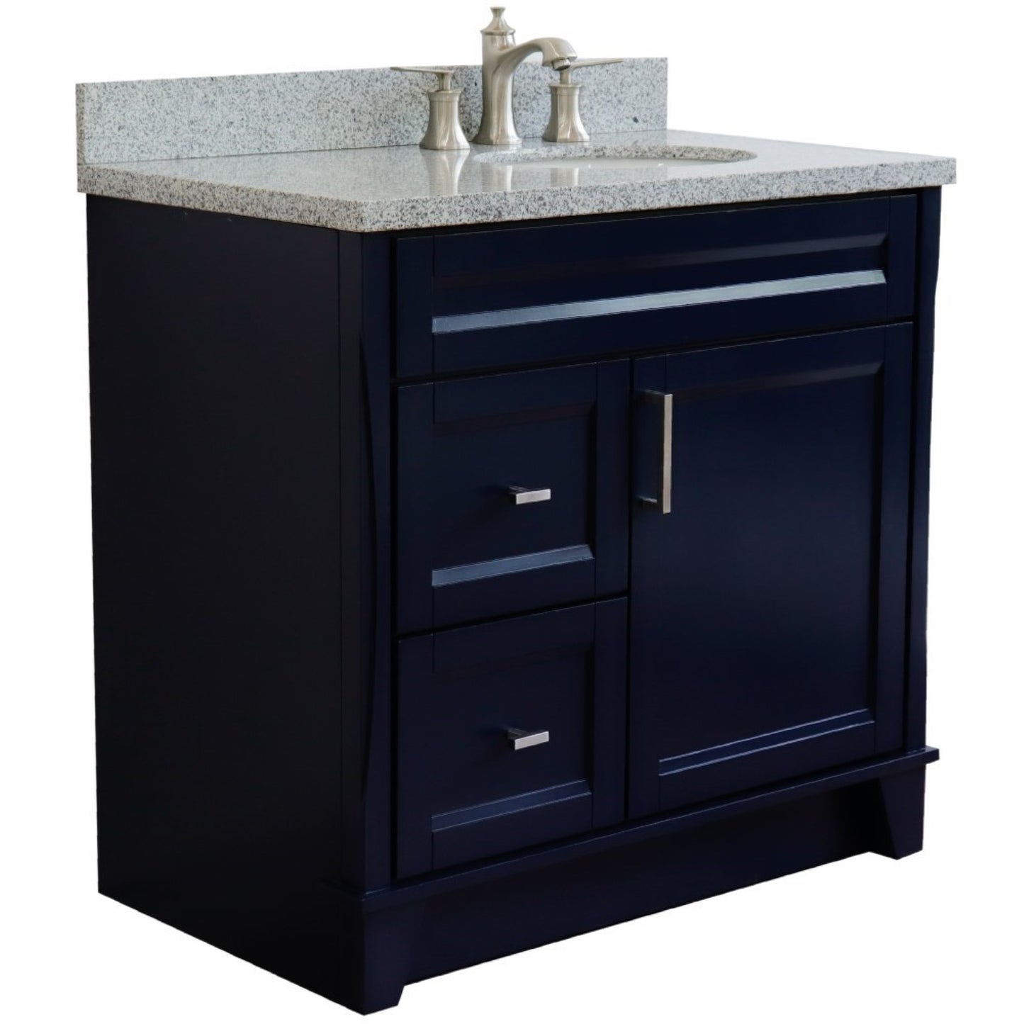 37" Single sink vanity in Blue finish with Gray granite and LEFT oval sink RIGHT drawers