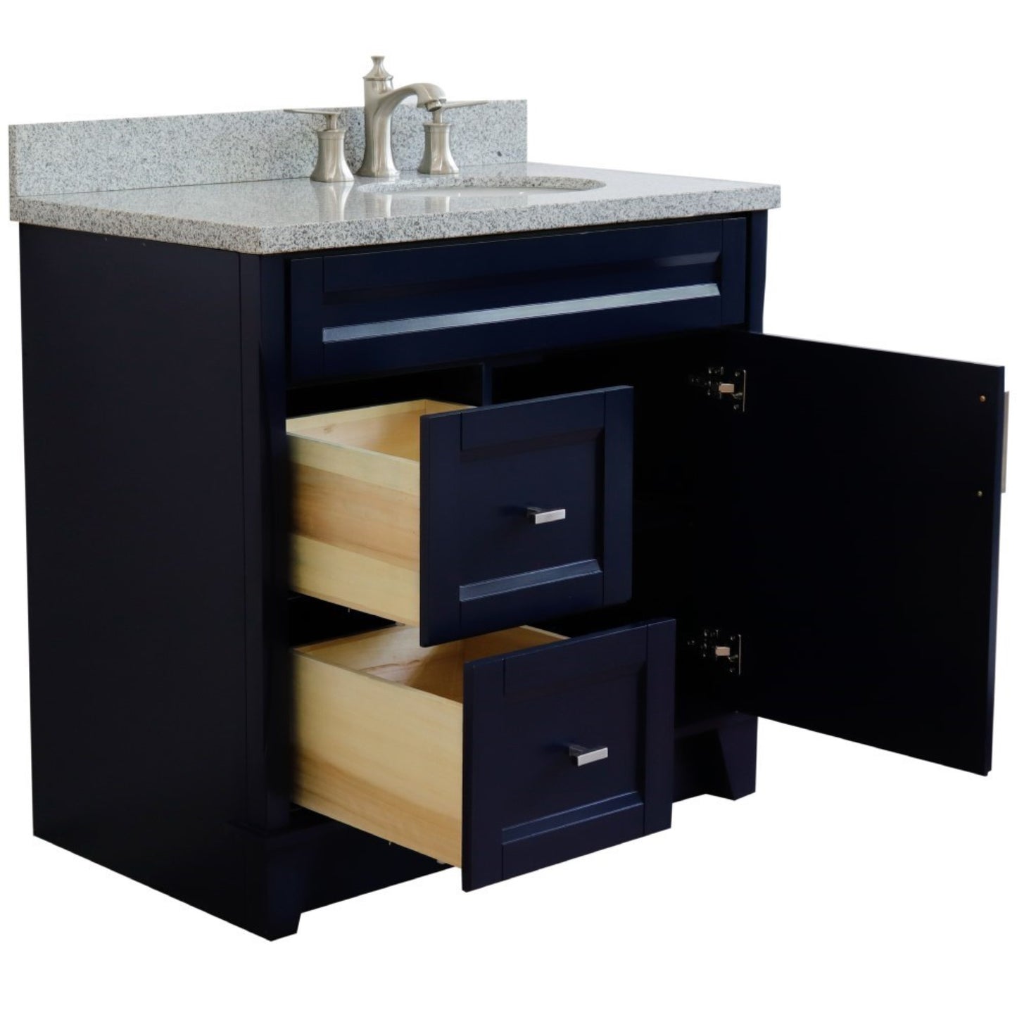 37" Single sink vanity in Blue finish with Gray granite and LEFT oval sink RIGHT drawers