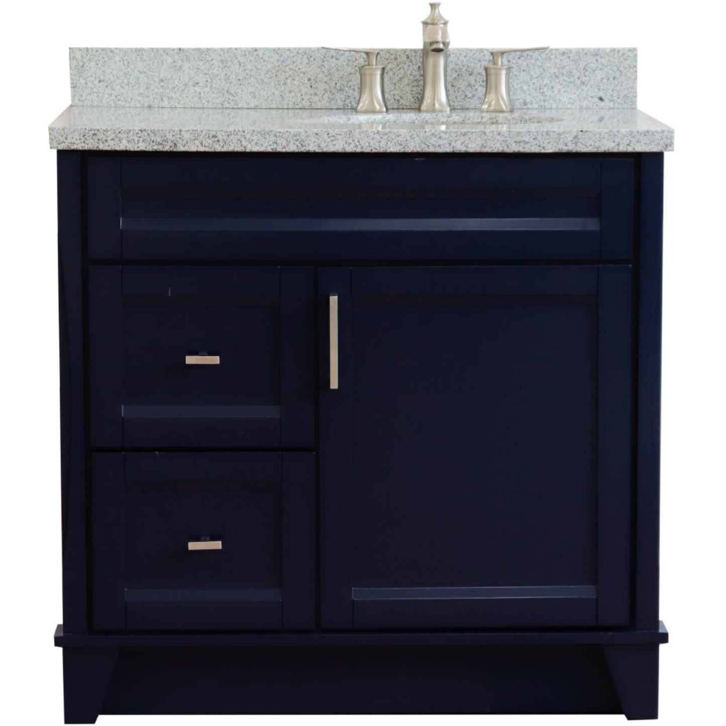 37" Single sink vanity in Blue finish with Gray granite and LEFT oval sink RIGHT drawers