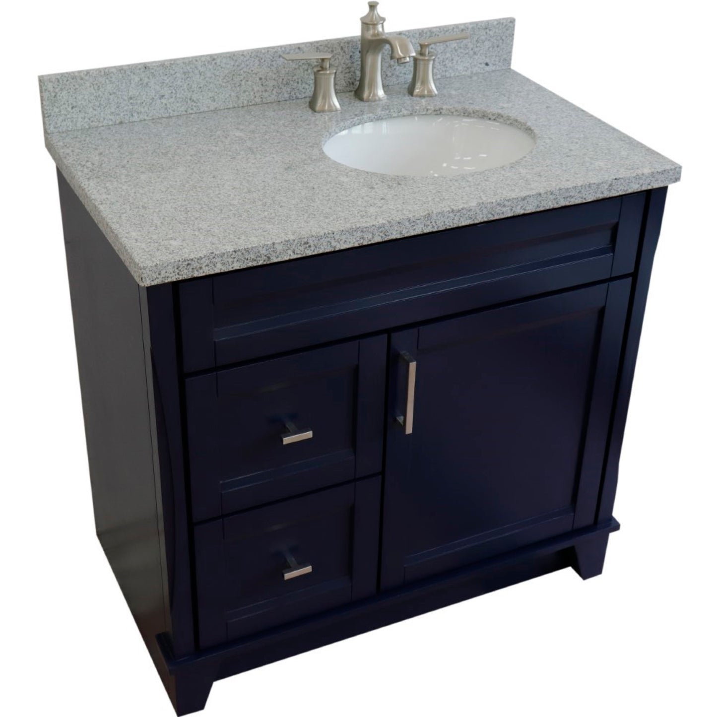 37" Single sink vanity in Blue finish with Gray granite and LEFT oval sink RIGHT drawers