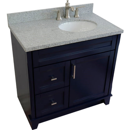 37" Single sink vanity in Blue finish with Gray granite and LEFT oval sink RIGHT drawers