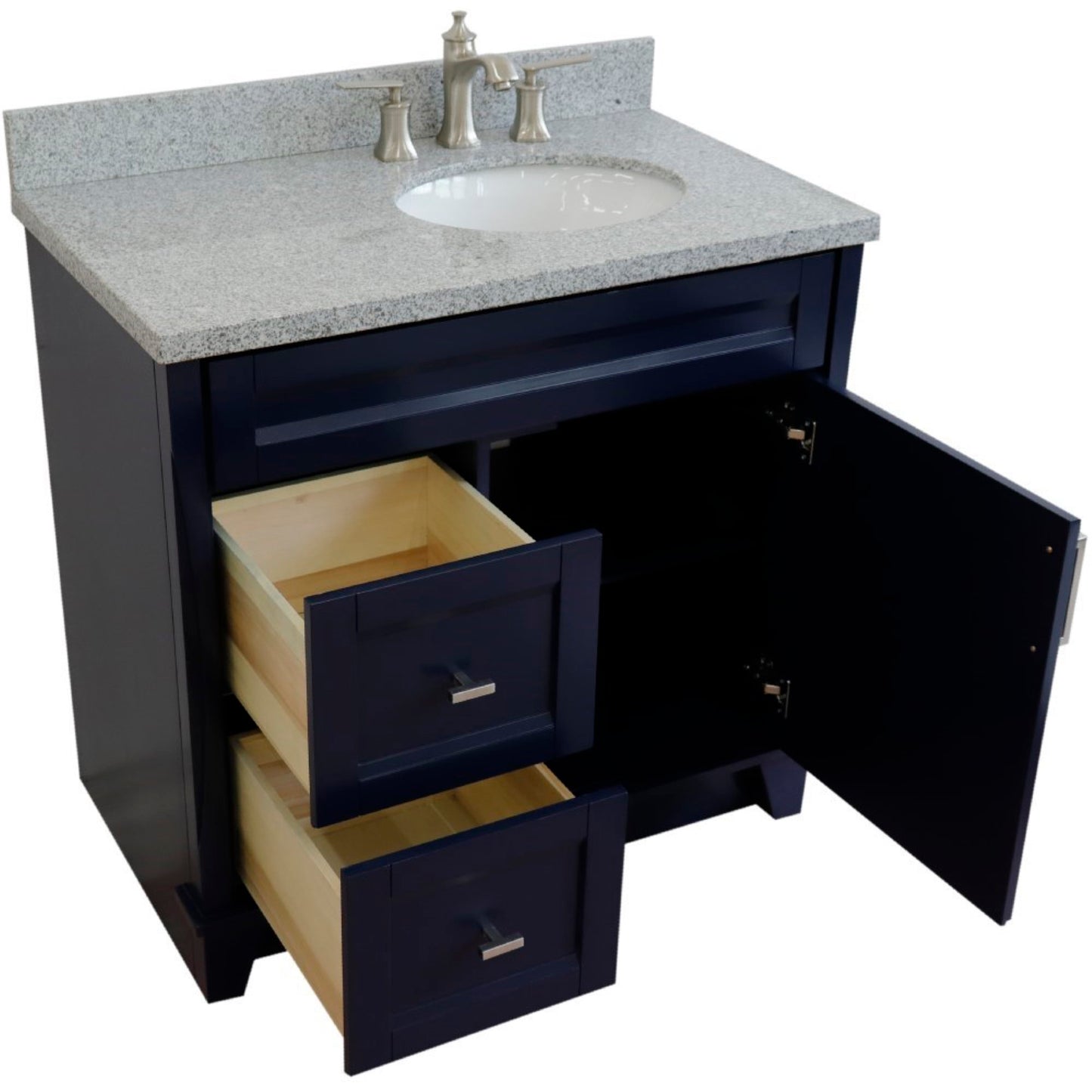 37" Single sink vanity in Blue finish with Gray granite and LEFT oval sink RIGHT drawers