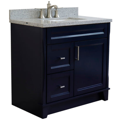 37" Single sink vanity in Blue finish with Gray granite and CENTER rectangle sink RIGHT drawers