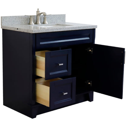 37" Single sink vanity in Blue finish with Gray granite and CENTER rectangle sink RIGHT drawers