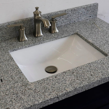 37" Single sink vanity in Blue finish with Gray granite and CENTER rectangle sink RIGHT drawers