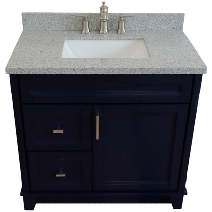 37" Single sink vanity in Blue finish with Gray granite and CENTER rectangle sink RIGHT drawers
