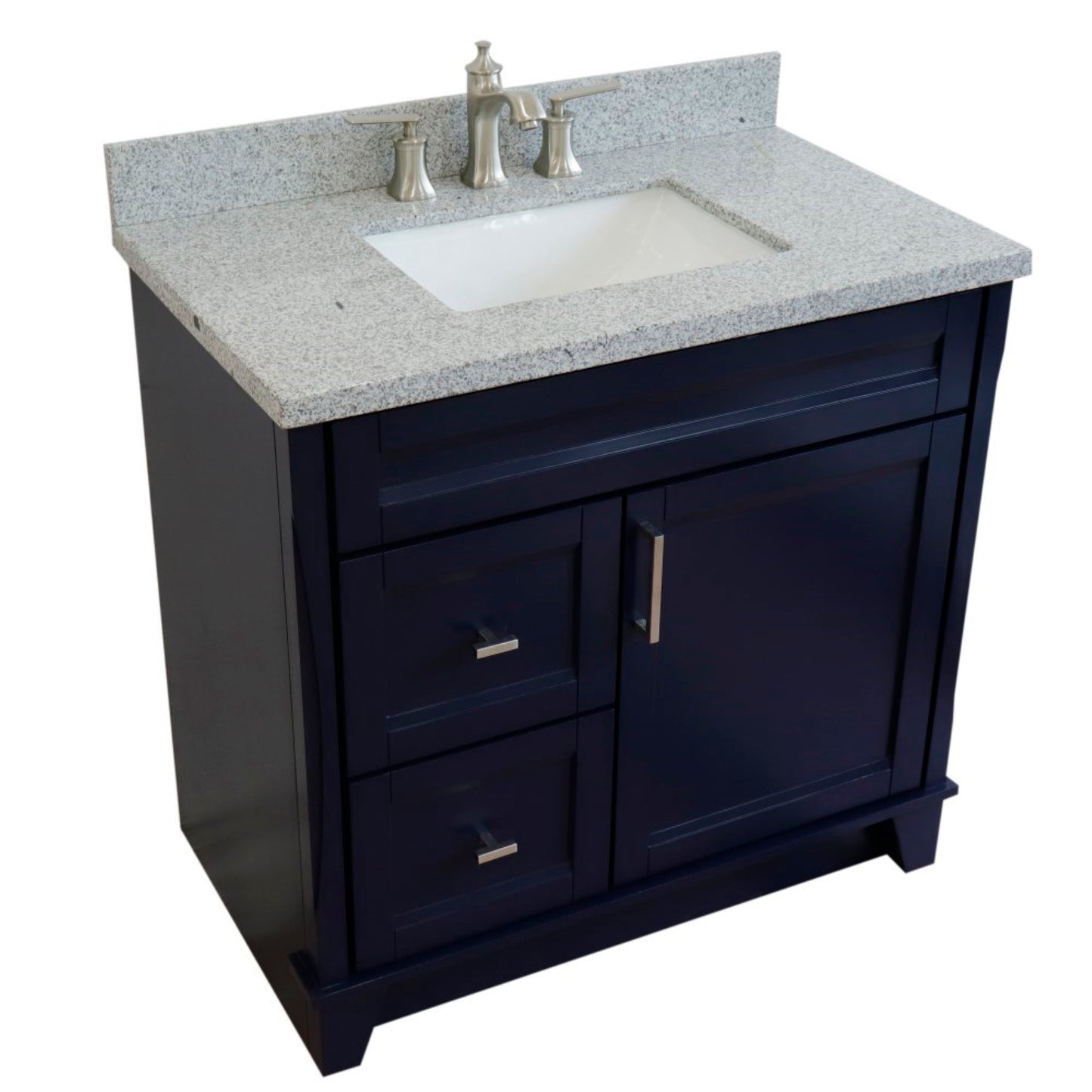 37" Single sink vanity in Blue finish with Gray granite and CENTER rectangle sink RIGHT drawers
