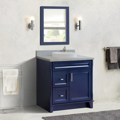 37" Single sink vanity in Blue finish with Gray granite and CENTER round sink RIGHT drawers
