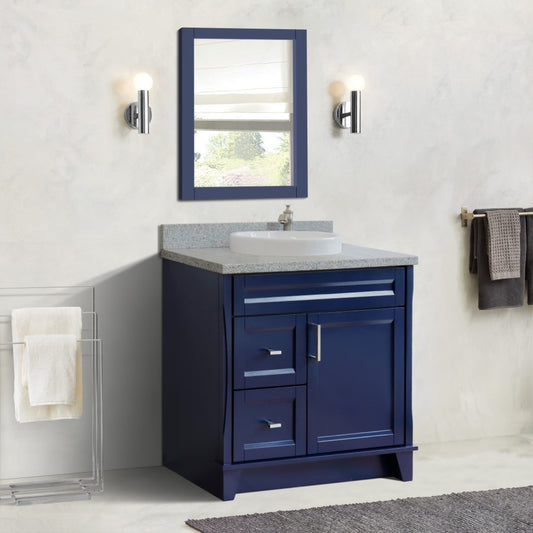 37" Single sink vanity in Blue finish with Gray granite and CENTER round sink RIGHT drawers